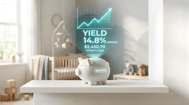 White piggy bank showing digital financial growth data in a nursery room