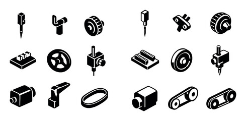 Fototapeta premium Sewing equipment and machine parts icon set with needle bar thread guide and tension wheel for user interface design in isometric icons