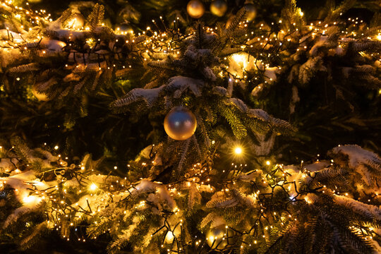 Decorated Christmas tree with lights and ornaments in a winter setting at night