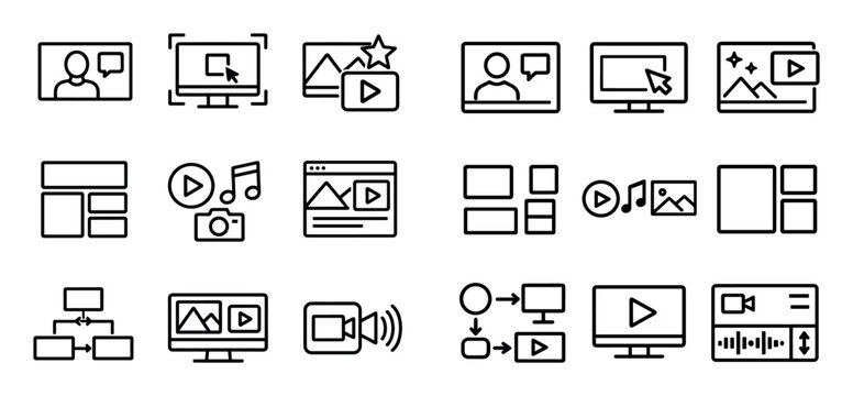Streaming content and presentation icon set with presenter frame screen capture and visual overlay for mobile app design in minimal glyph style