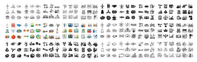 Fototapeta premium Renewable energy and power generation vector icons with wind turbine, solar panel and factory for web design in colorful illustration style