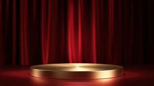 Luxury gold podium on red velvet stage with spotlight