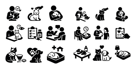 Fototapeta premium Animal microchipping and aftercare icon set with post procedure pet wellbeing and recovery step for pet care presentation in isometric vector art