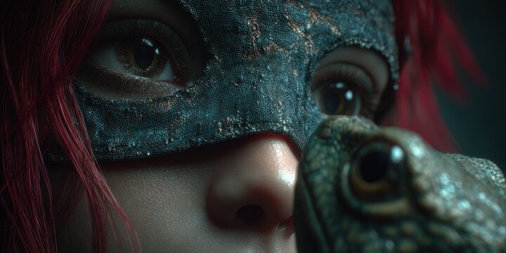 Close up of a person with red hair wearing a textured mask reptile contact