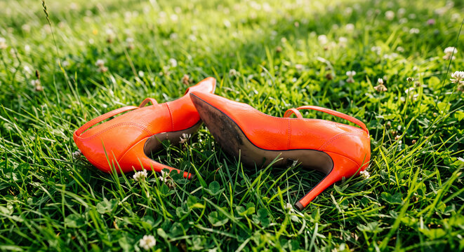 Neon Orange High Heels im Gras