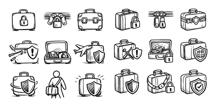 Travel safety and security icon set with lock mechanism zipper guard and tamper resistance for web design in minimal style