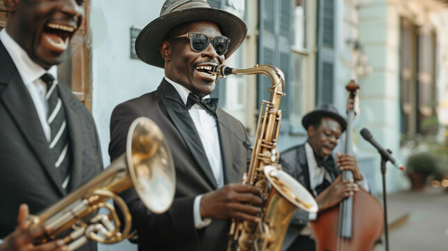 Jazz musicians playing saxophone and trombone in vintage urban street performance