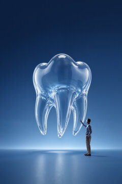 Man explores giant tooth model for dental health education. Concept of oral hygiene, preventive dentistry, anatomy learning and health awareness for everyday patients.