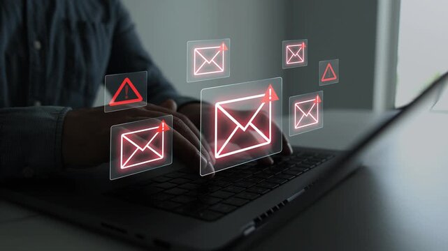 Email documents hacks, phishing attacks and virus alerts. Online fraud and cyber threats.Digital screen showing scam and spam emails.	
