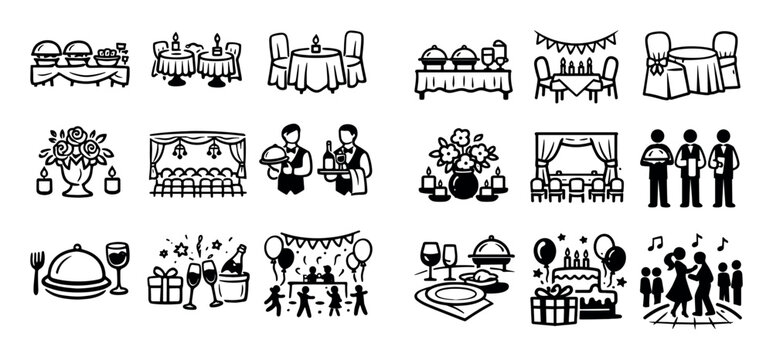 Catering and event icon set with banquet setup decorated tables and centerpiece decor for web design in minimal design style