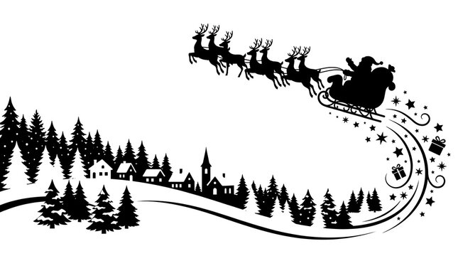 Santa claus flying with reindeer sleigh over snowy forest village silhouette