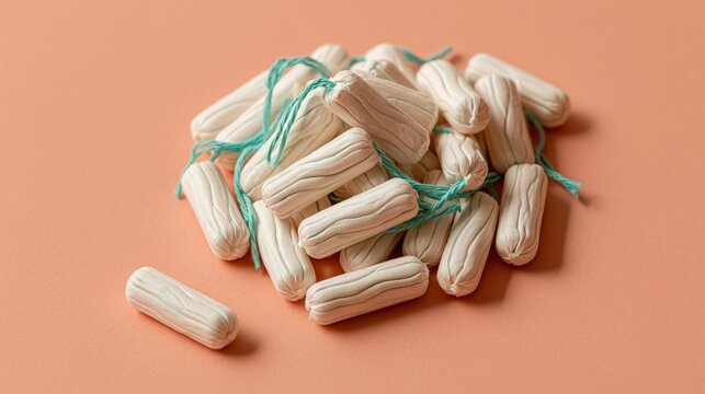 Bundle of white cotton tampons tied with green twine