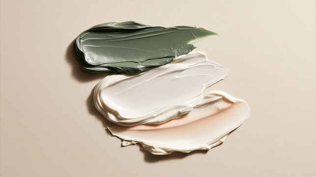 Cosmetic cream swatches in sage green, white, and beige tones