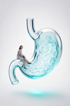 Woman sits on giant stomach model in digestive health concept. Concept of digestion education, gastrointestinal awareness, patient experience, nutrition and preventive self care.