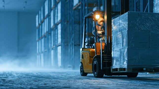 Forklift loading wrapped pallets in industrial warehouse at night