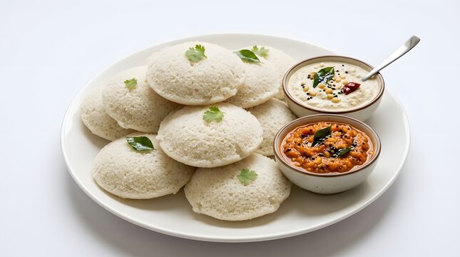 A delicious pile of steamed idlis with chutney