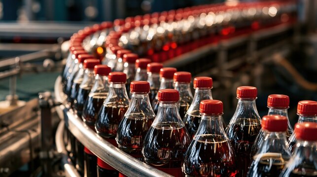Cola bottles on production line conveyor belt