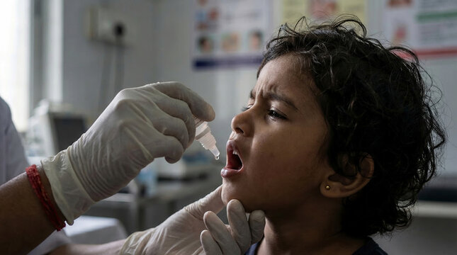 Child receiving oral polio vaccine drops from a healthcare worker in a clinic setting