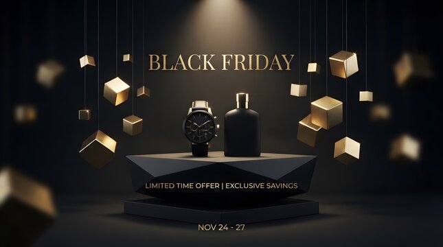 Black friday luxury perfume sale promotion featuring elegant fragrance bottles on a dark podium with golden gift boxes