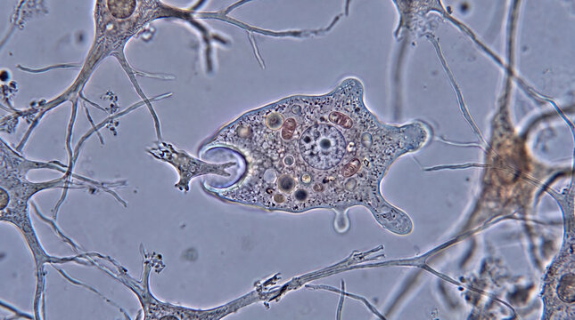 A simulated phase-contrast light microscopic view of a single living Amoeba proteus in a laboratory environment