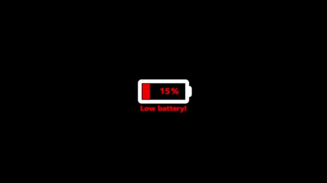 Animation featuring white icon and red colour low battery 15% text icon against a black background,  showing a low battery icon and a tired person appearing in the foreground 4k video.