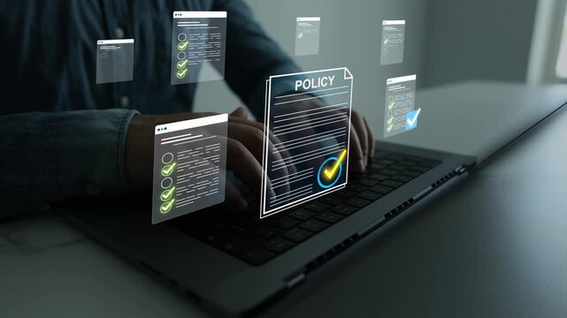Modern governance, legal standards, policy management ensuring transparency, safety, structured organizational control.	
Compliance law,corporate rules with documents, checkmarks, regulation policy.
