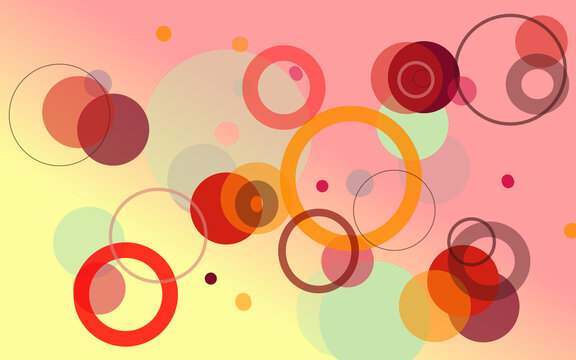 Abstract pink and orange background with chaotic circles and colorful filled circles, random composition, vibrant decorative pattern.