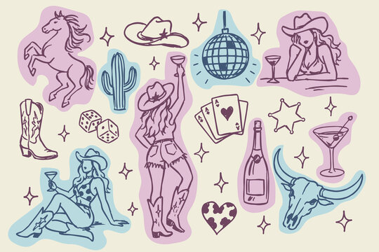 Western Cowgirl Party Hand Drawn Doodle Set