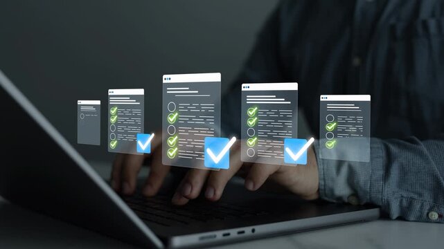 Business person in computer doing online data documentation checklist survey. Fast checklist,clipboard task business management.Productivity checklist and filling survey form online.	
