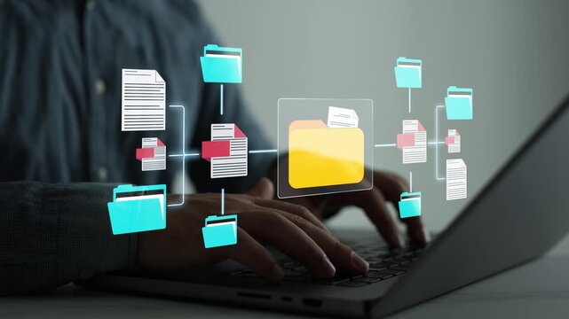 Digital document management system with organized files, secure storage and workflow automation. Business data organization, cloud archive, enterprise records and office productivity concept.	
