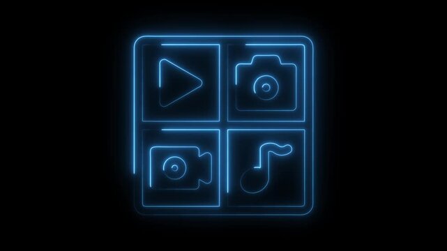 Media icon set blue neon glow digital content music camera and video