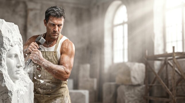Focused muscular sculptor carving classical face from raw marble block with hammer and chisel in sunlit studio workshop, artistic creation concept, atmospheric background with copy space for banner
