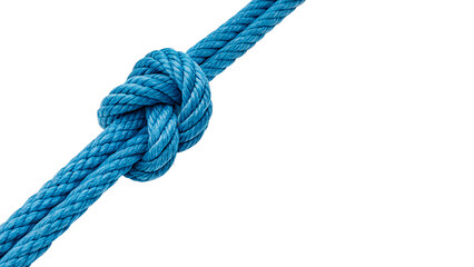 Bright blue nylon rope tied into a secure knot isolated on a white background © Freya