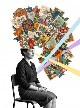 Vintage surreal collage of woman with exploding mind, artistic mental health concept, retro botanical and anatomical thoughts illustration