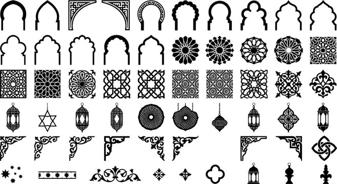 Set of islamic and oriental decorative elements, arches, geometric patterns, lanterns, and ornate corner flourishes for cultural design