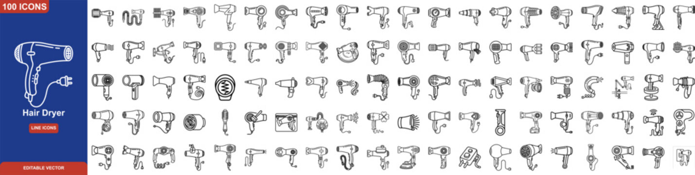 Hair Dryer Line Icon Set. Including Professional Blow Dryers, Diffuser Attachments, Travel Models, Cordless Designs, and Salon Styling Equipment