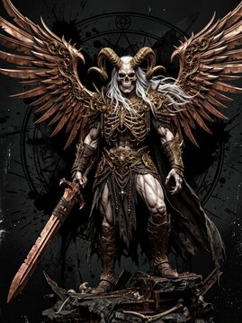 Gothic winged skeleton warrior in ornate bronze armor, dark fantasy demon knight with sword, mythical undead angel illustration