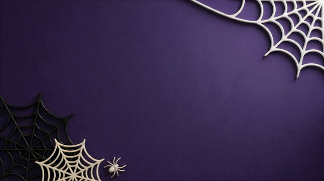 Halloween background with white spider webs in corners on a dark purple surface with copy space