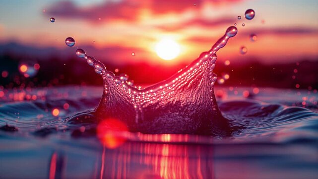 Close up of a drop falling into water creating a splash in the shape of a crown at sunset