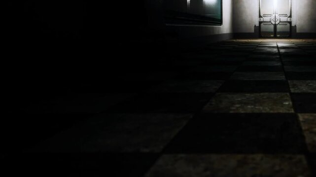 A dark hallway shows a checkered floor with light coming from the end. The atmosphere feels empty and quiet with no people around. Shadows fill the space, adding a sense of mystery.