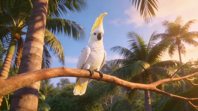White parrot with a yellow crest sitting on a tree branch in a lush tropical jungle at sunset
