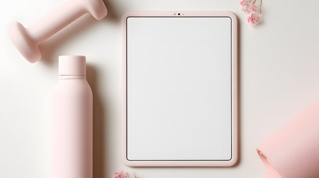 Wellness office mockup template with pastel pink dumbbells, yoga mat, and laptop. Clean digital screen for copy space on minimalist white table background, work-life balance and well-being concept for