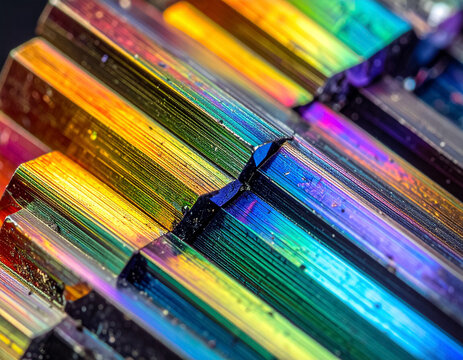iridescent rainbow colored bismuth crystal close up showing metallic geometric hopper crystal structures