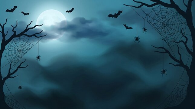 Spooky Halloween background with full moon, dark night sky with flying bats and spider webs, eerie mist in haunted forest