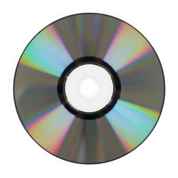 Holographic compact disc with rainbow light reflection on transparent background.