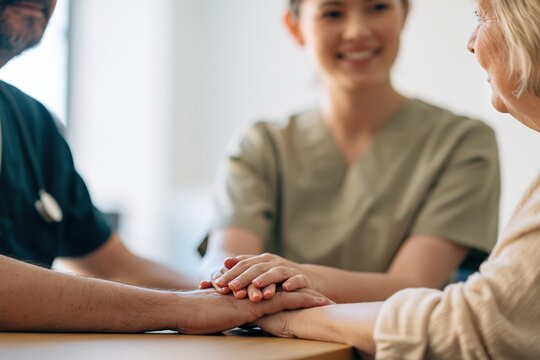 Healthcare workers' hands resting on a patient's hand on a wooden table, showing a compassionate and tactile moment for medical care and empathy campaigns
