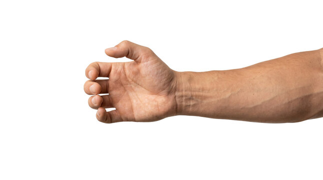 Male hand gesturing to grasp a cylindrical object like a bottle or glass while positioned isolated on transparent background