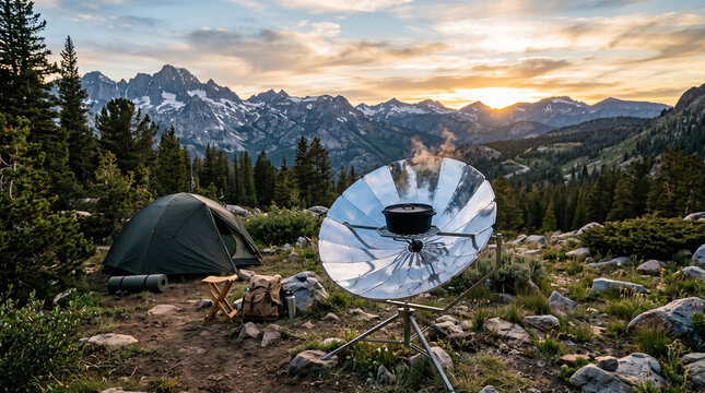 Modern parabolic solar cooker cooking food in cast iron pot at mountain campsite during sunset, sustainable off-grid camping gear