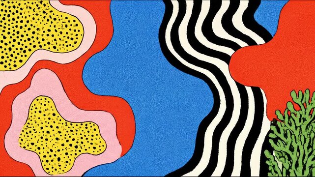 Colorful abstract motion background with playful organic shapes, black and white stripes, dotted yellow patterns and bold blue, pink and orange textures in modern retro graphic style