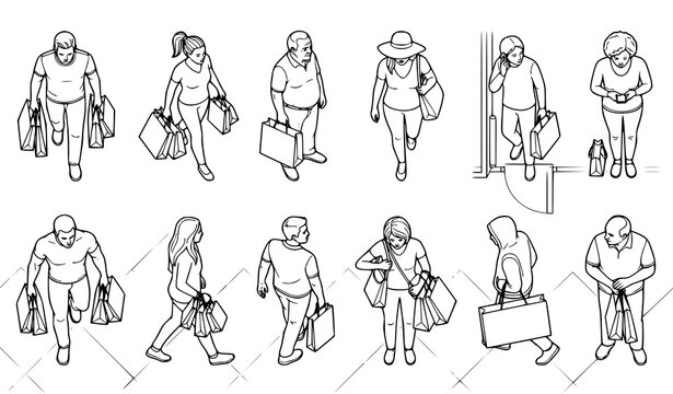 Shopping Mall Customers Top View Shopping Bags CAD Drawing Vector Set